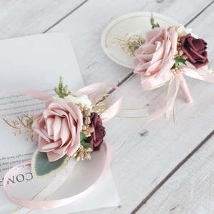 Artificial Wedding Corsage And Wrist Flower Pink Burgundy Rose Golden Leaf Rhinestone Ribbon Handmade For Bride Bridesmaid Prom