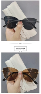 Side view detail of cat eye sunglasses with golden-tea lenses and metal temples