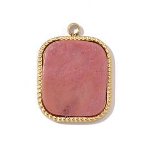 Close-up of a rectangular pink natural stone pendant with a golden braided metal frame