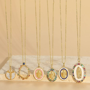 Vintage Copper Zirconia Saint Mary Pendant Necklace For Women Religious Enamel Oval Cross Gold Color Clavicle Chain Jewelry