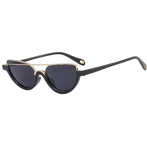 Fashionable black cat-eye sunglasses with gold metal bridge and dark grey lenses for women