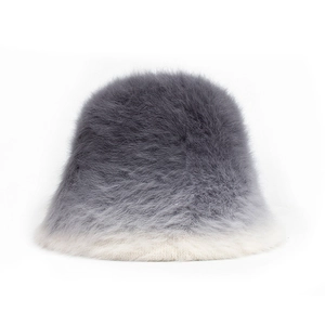 Women gradient grey faux fur bucket hat with fluffy winter plush texture and soft design