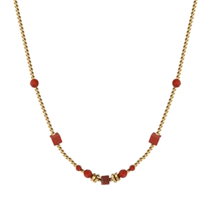 Collier artisanal en acier inoxydable avec perles rouges et dorées style rétro français