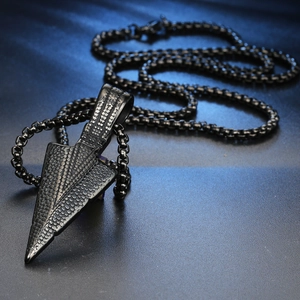 Men's black stainless steel arrow pendant necklace with textured finish and snake chain