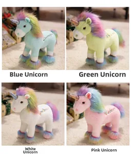Detail of colorful plush unicorns in four colors with soft fur and embroidered slogans