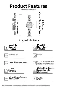 Spécifications techniques détaillées et dimensions de la montre à quartz de luxe GEDI