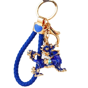 Blue enamel dragon keychain with crystal rhinestones and golden braided rope ring
