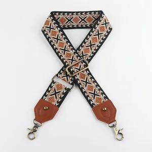5cm ethnischer Jacquard-Schultergurt für Umhängetaschen mit braunem Leder und Bronzeklammern
