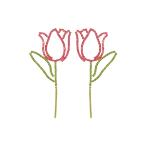 Elegant hollow tulip stud earrings featuring pink and green rhinestones in silver