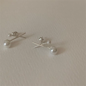 Close-up of S925 sterling silver cross pearl earrings with elegant white pearls