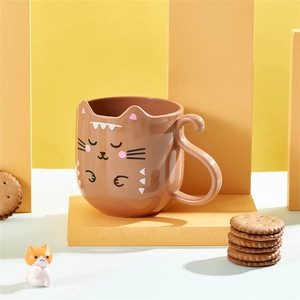 Cute brown cartoon cat ceramic mug with creative tail handle for children and students