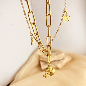 Double Layer Necklace Stainless Steel 18K Gold Plated Shell Starfish Artificial Pearl Bohemia Ocean Beach Jewelry Women