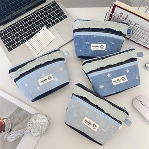 Denim Patchwork Cosmetic Bag Star Bow Print Makeup Pouch Frayed Edge Travel Organizer Korean Style Zippered Handbag
