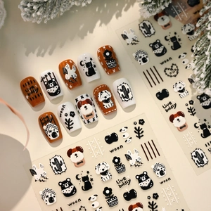 3D Embossed Nail Art Stickers Cartoon Dog Cat Bear Cactus Minimalist Black White Manicure DIY Decals For Women Girls