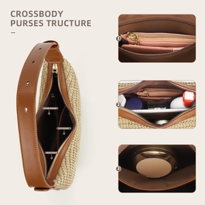 Minimalist crescent moon woven shoulder bag with leather trim and internal storage structure
