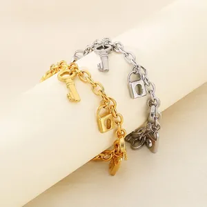 Lock And Key Charms Bracelet Stainless Steel 18K Gold Plated Jewelry Women Vintage Heart Pendants Chain Link Wristband