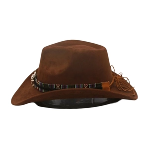 Brown wide brim western cowboy hat with ethnic braided band and silver metal buckle detail