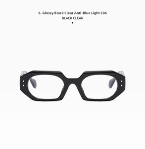 Close-up of polygon glasses frame in bright black with anti-blue light clear lenses