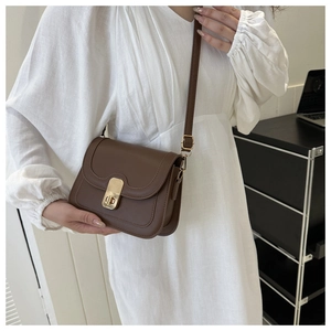 Close-up of brown vintage crossbody bag with golden metal clasp and matte leather finish
