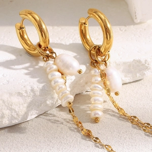French Vintage Artificial Pearl Tassel Dangle Earrings 18K Gold Plated Stainless Steel Hoop Elegant Jewelry For Women