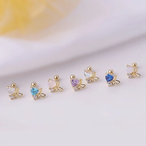 Surgical steel heart stud earrings with colorful zircon stones in various pastel shades