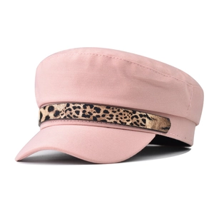 Close-up of pink navy hat with a stylish leopard print decorative band on front