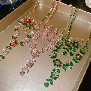 Floral zircon jewelry set with gold plated necklaces and earrings in multiple colors