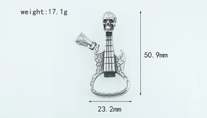 Detail showing skull guitar pendant dimensions 50.9mm by 23.2mm and bottle opener feature