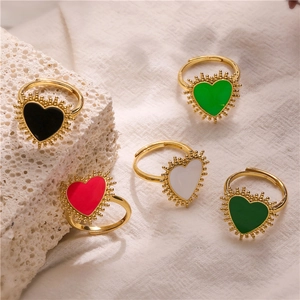 Heart Shaped Copper Adjustable Ring With Enamel Oil Drip And Radiating Beads Sunburst Design Vintage Jewelry For Women
