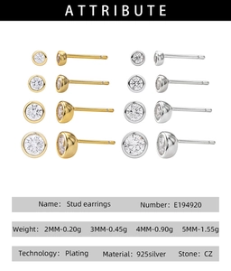 Detailed size comparison of 925 sterling silver stud earrings with round CZ stone settings