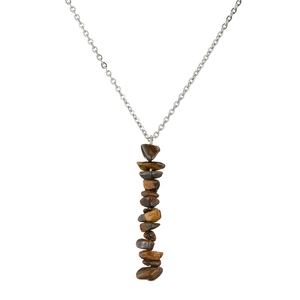 Silver necklace featuring a natural brown tiger eye stone fragment fringe pendant on white