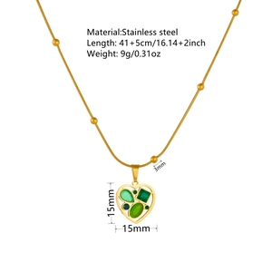 Gold-plated stainless steel heart necklace with green cat-eye stone and 18k gold beads