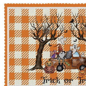 Halloween cotton linen placemat with orange plaid pattern, spooky cat and pumpkin design