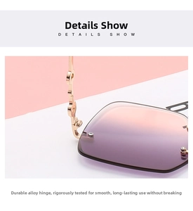 Detail of rimless purple gradient sunglasses showing gold cutout metal hinges and temples