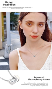 Detail of emerald cut moissanite pendant on S925 silver chain worn by a model