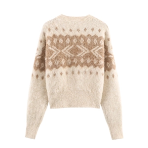 Beige Fair Isle knit sweater with brown geometric jacquard pattern and fuzzy mohair texture