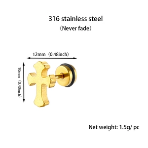 Detail view of gold cross stud earring in 316 stainless steel with 12mm width dimension