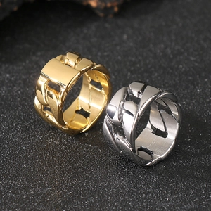 Detailed view of Cuban link rings in gold and silver finish 316L stainless steel