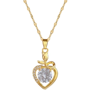 Luxurious gold heart pendant necklace with shimmering zircon stones on white background