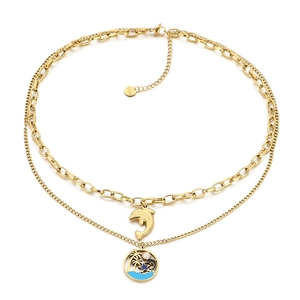 Collier double rang en acier inoxydable doré avec pendentifs dauphin et plage tropicale