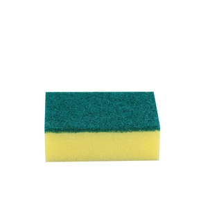 Double-sided cleaning sponge with green scouring pad and yellow sponge for kitchen dishwashing
