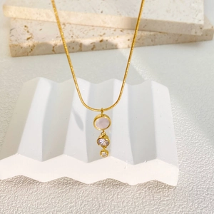 Elegant gold stainless steel necklace with round shell pendant and zircon stones