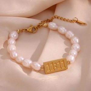 Artificial Pearl Bracelet Stainless Steel 11:11 Engraved Rectangle Tag Gold Plated Adjustable Jewelry For Women