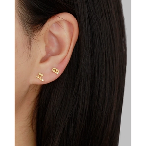 Close-up of gold S925 silver zodiac ear studs with sparkling zircon on a model