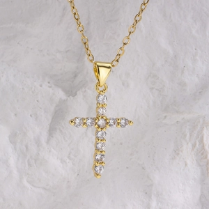 Classic gold geometric cross pendant necklace with micro-paved cubic zirconia stones