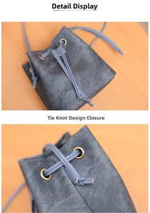 Detailed view of the drawstring closure and knot design on the denim blue bucket bag