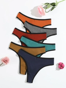 Detail of six cotton ribbed thongs in various colors with textured fabric and thin straps