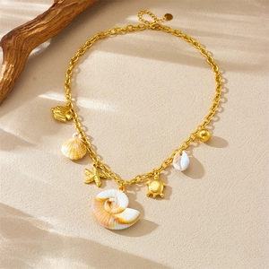 Bohemian gold plated stainless steel necklace with seashell and starfish ocean pendants