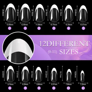 Detailed size chart for French square press-on nails with 12 precise measurements