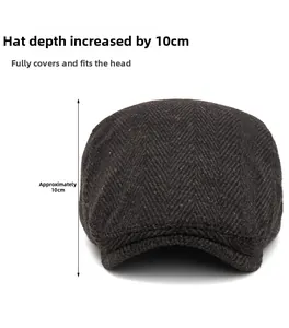 Detail view of dark grey herringbone beret showing the 10cm depth and warm wool texture